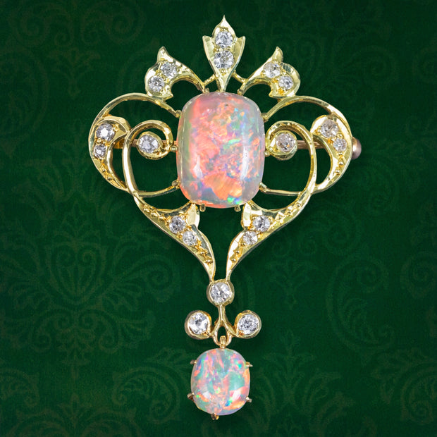 Antique Victorian Opal Diamond Brooch Pendant 15ct Gold With Box