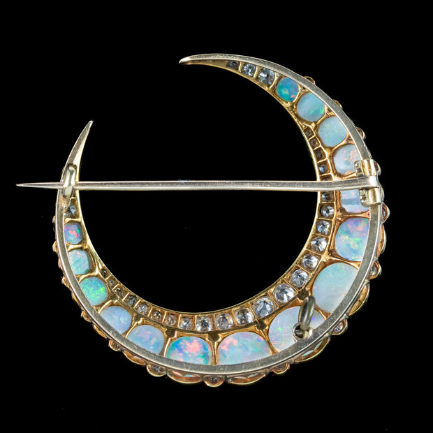 Antique Victorian Opal Diamond Crescent Moon Brooch 15ct Gold