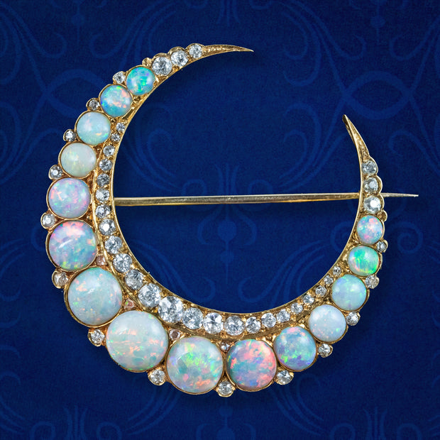 Antique Victorian Opal Diamond Crescent Moon Brooch 15ct Gold