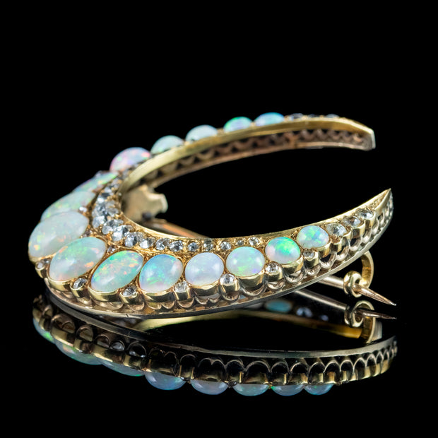 Antique Victorian Opal Diamond Crescent Moon Brooch 15ct Gold