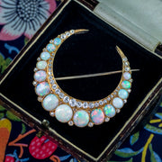 Antique Victorian Opal Diamond Crescent Moon Brooch 15ct Gold