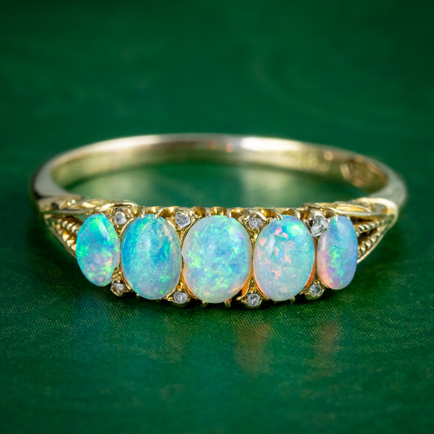 Antique Victorian Opal Diamond Five Stone Ring 1.1ct Total