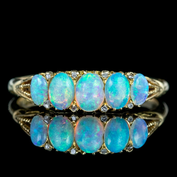 Antique Victorian Opal Diamond Five Stone Ring 1.1ct Total