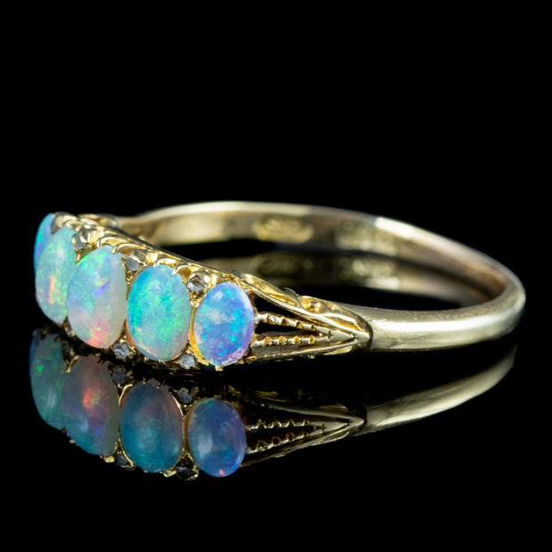 Antique Victorian Opal Diamond Five Stone Ring 1.1ct Total