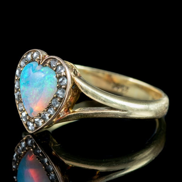 Antique Victorian Opal Diamond Heart Cluster Ring 0.90ct Opal