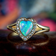 Antique Victorian Opal Diamond Heart Cluster Ring 0.90ct Opal