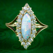 Antique Victorian Opal Diamond Navette Cluster Ring 1ct Opal