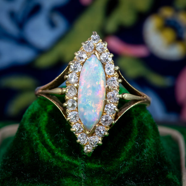 Antique Victorian Opal Diamond Navette Cluster Ring 1ct Opal