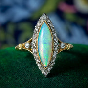 Antique Victorian French Opal Diamond Navette Ring 2.5ct Opal