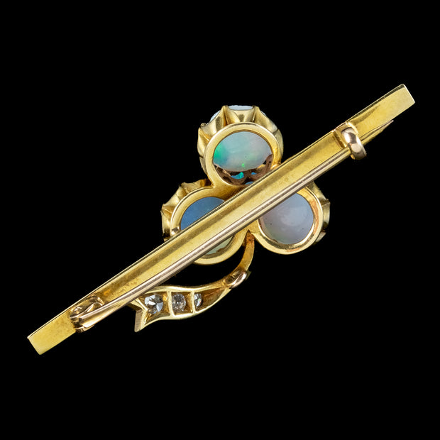 Antique Victorian Opal Diamond Shamrock Bar Brooch 18ct Gold