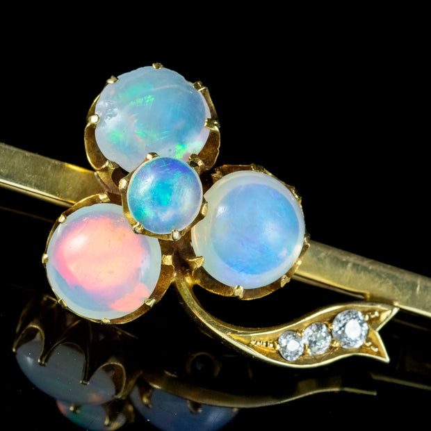 Antique Victorian Opal Diamond Shamrock Bar Brooch 18ct Gold