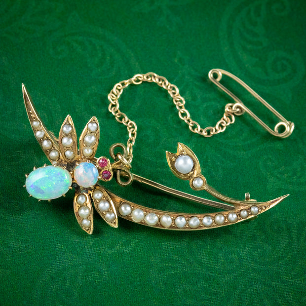 Antique Victorian Opal Pearl Bee And Crescent Brooch 15ct Gold