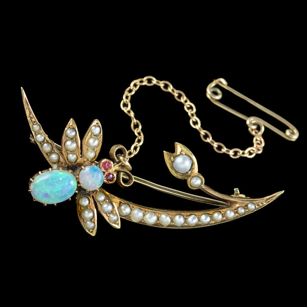 Antique Victorian Opal Pearl Bee And Crescent Brooch 15ct Gold