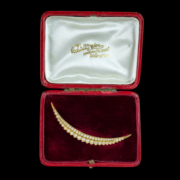 Antique Victorian Pearl Crescent Moon Brooch 18ct Gold With Box