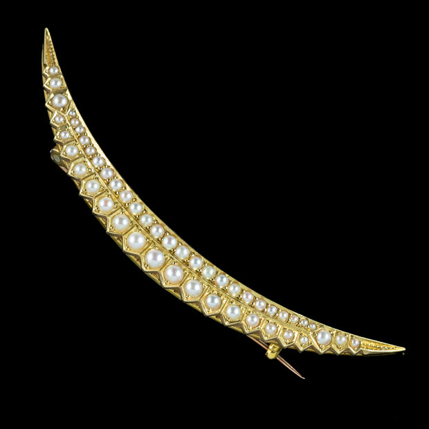 Antique Victorian Pearl Crescent Moon Brooch 18ct Gold With Box