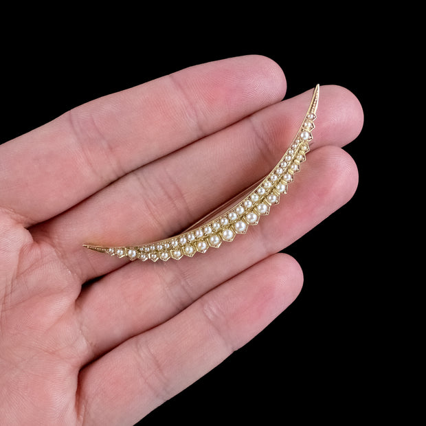 Antique Victorian Pearl Crescent Moon Brooch 18ct Gold With Box