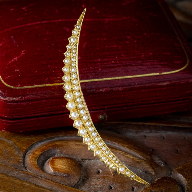 Antique Victorian Pearl Crescent Moon Brooch 18ct Gold With Box