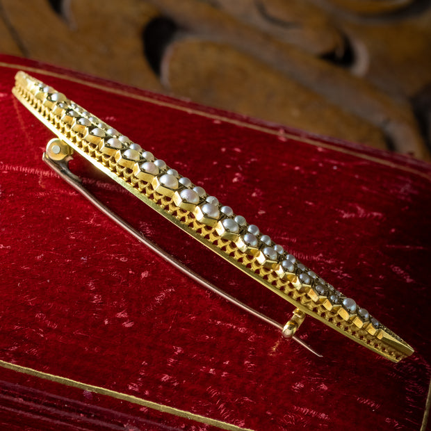 Antique Victorian Pearl Crescent Moon Brooch 18ct Gold With Box