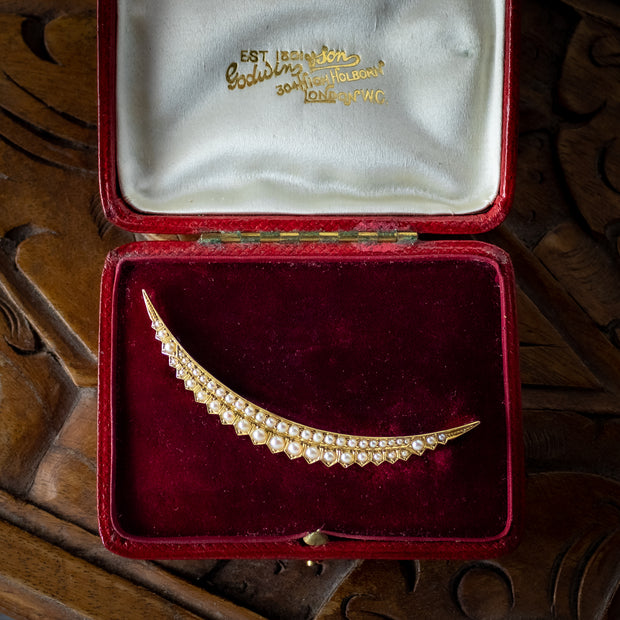 Antique Victorian Pearl Crescent Moon Brooch 18ct Gold With Box