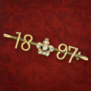 Antique Victorian Pearl Crown Bar Brooch 9ct Gold 1897 Diamond Jubilee