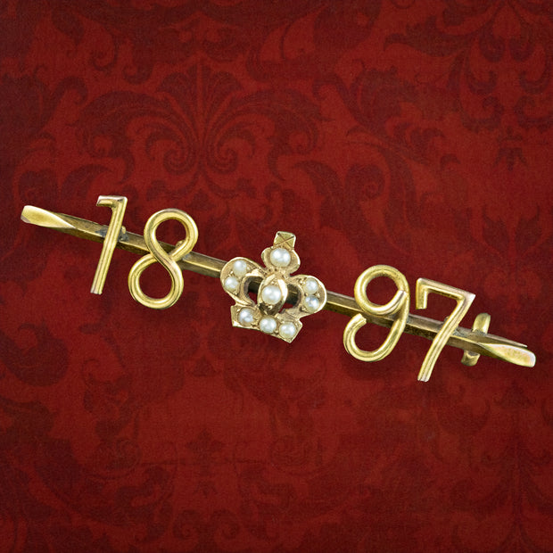 Antique Victorian Pearl Crown Bar Brooch 9ct Gold 1897 Diamond Jubilee