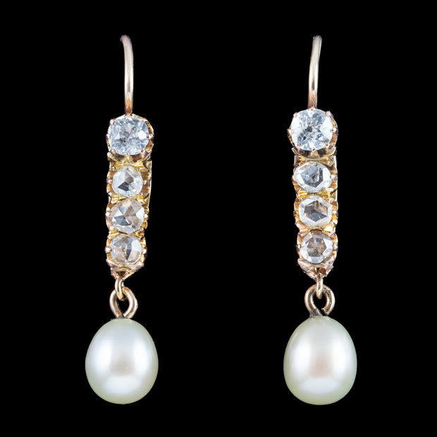 Antique Victorian Pearl Diamond Drop Earrings 18ct Gold