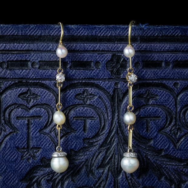 Antique Victorian Pearl Diamond Drop Earrings 18ct Gold