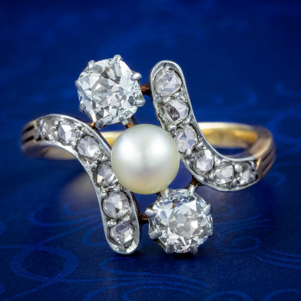 Antique Victorian Pearl Diamond Trilogy Twist Ring 1.8ct Diamond Ring with Pearls