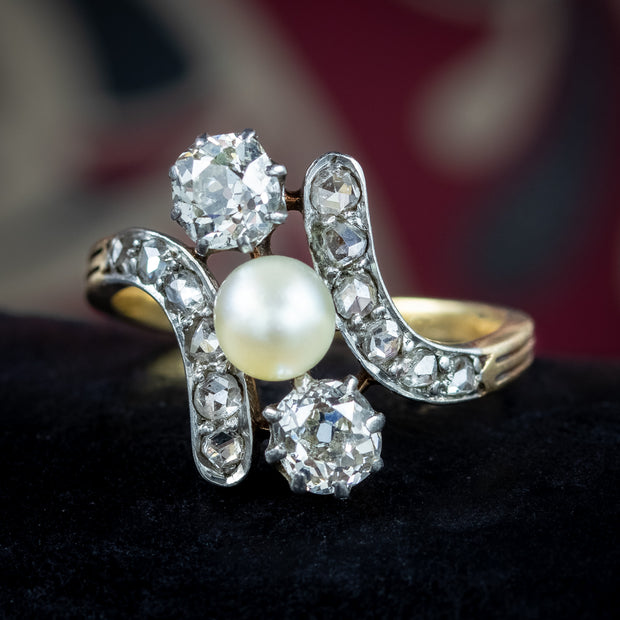 Antique Victorian Pearl Diamond Trilogy Twist Ring 1.8ct Diamond Ring with Pearls
