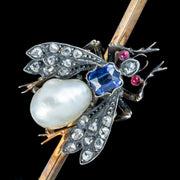 Antique Victorian Pearl Sapphire Ruby Diamond Insect Brooch