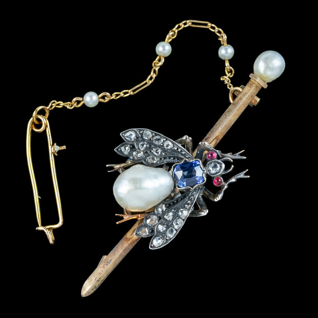 Antique Victorian Pearl Sapphire Ruby Diamond Insect Brooch