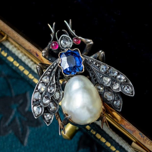 Antique Victorian Pearl Sapphire Ruby Diamond Insect Brooch