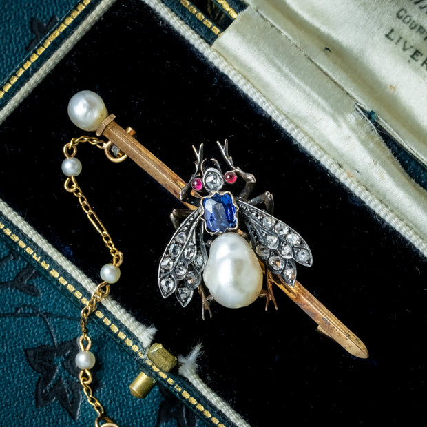 Antique Victorian Pearl Sapphire Ruby Diamond Insect Brooch