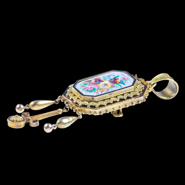 Antique Victorian Pendant Brooch Bird Nest Forget Me Not Portrait 18ct Gold
