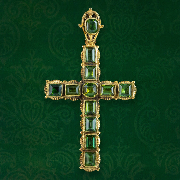 Antique Victorian Peridot Cross Pendant Silver 18ct Gold Gilt
