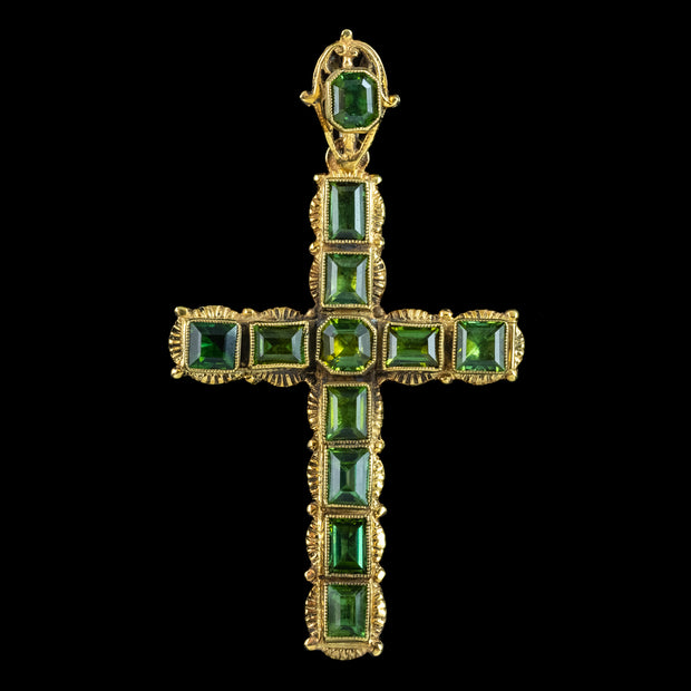Antique Victorian Peridot Cross Pendant Silver 18ct Gold Gilt
