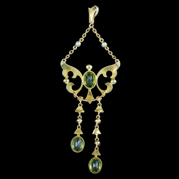 Antique Victorian Peridot Pearl Butterfly Pendant 18ct Gold