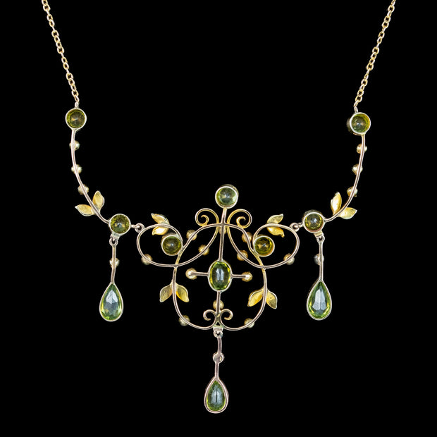 Antique Victorian Peridot Pearl Lavaliere Necklace 9ct Gold