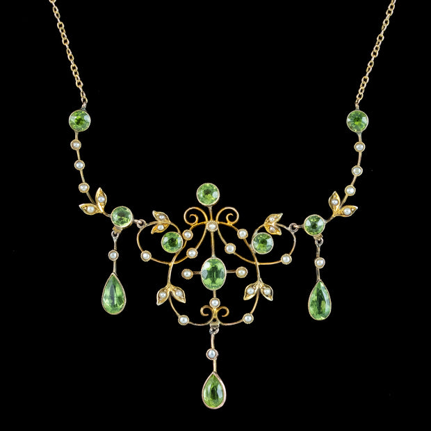 Antique Victorian Peridot Pearl Lavaliere Necklace 9ct Gold