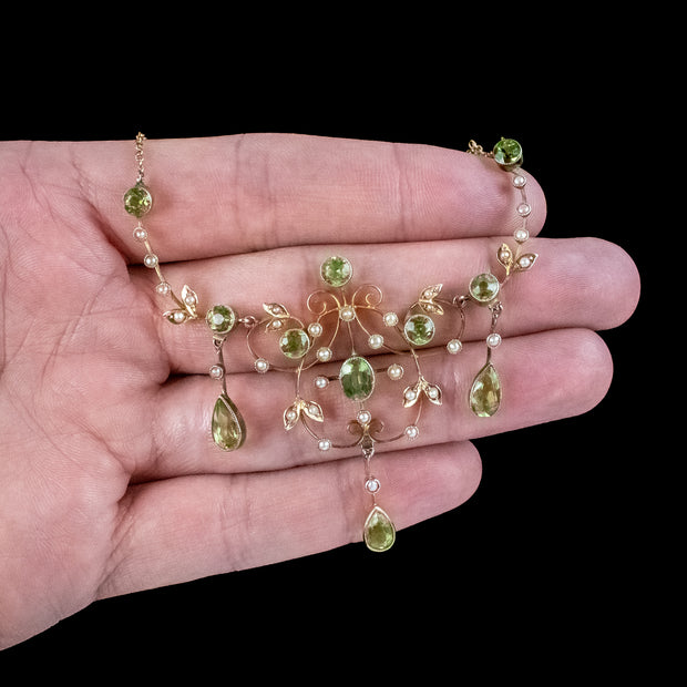 Antique Victorian Peridot Pearl Lavaliere Necklace 9ct Gold