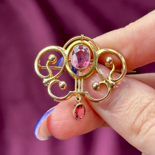 Antique Victorian Pink Tourmaline Brooch 9ct Gold Liberty And Co