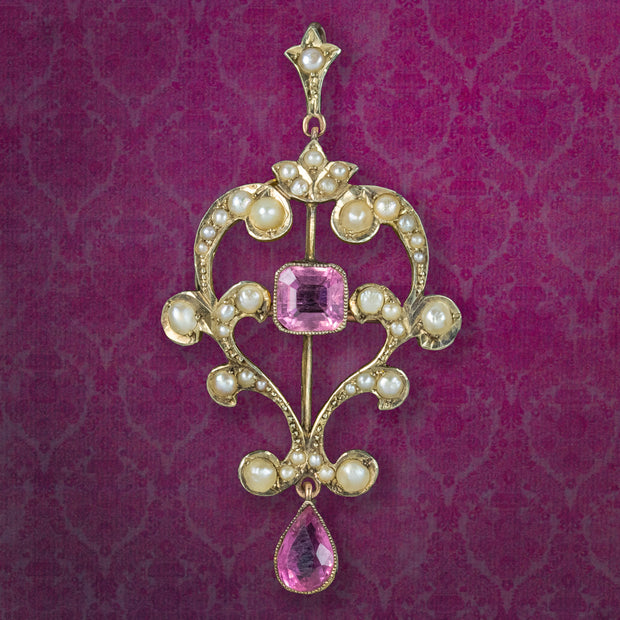 Antique Victorian Pink Tourmaline Pearl Pendant 9ct Gold