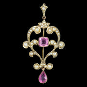Antique Victorian Pink Tourmaline Pearl Pendant 9ct Gold