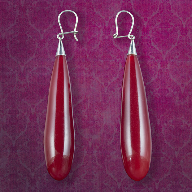 Antique Victorian Red Amber Drop Earrings Silver Wires
