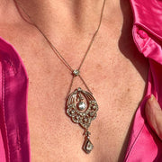 Antique Victorian Rose Cut Diamond Lavaliere Necklace 15ct Gold 3.2ct Total