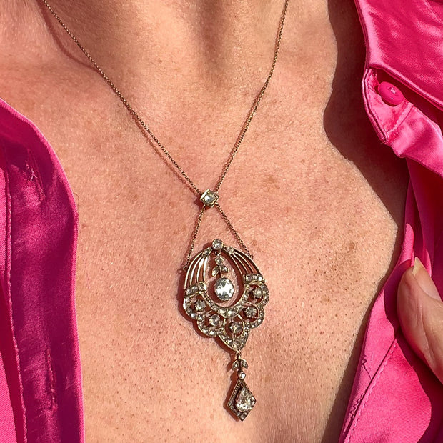 Antique Victorian Rose Cut Diamond Lavaliere Necklace 15ct Gold 3.2ct Total