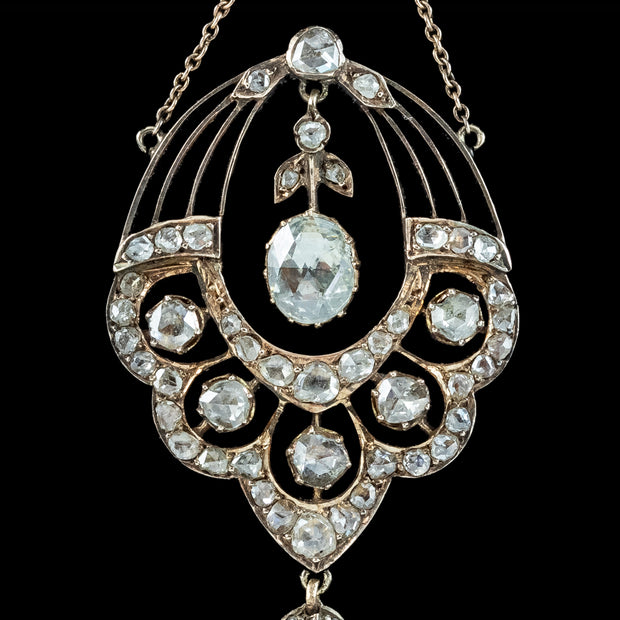 Antique Victorian Rose Cut Diamond Lavaliere Necklace 15ct Gold 3.2ct Total