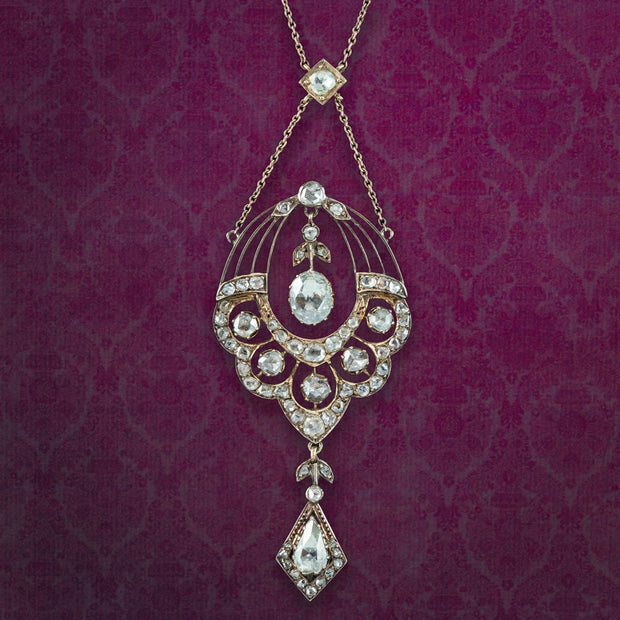 Antique Victorian Rose Cut Diamond Lavaliere Necklace 15ct Gold 3.2ct Total