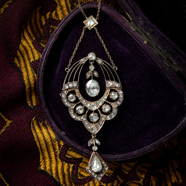Antique Victorian Rose Cut Diamond Lavaliere Necklace 15ct Gold 3.2ct Total
