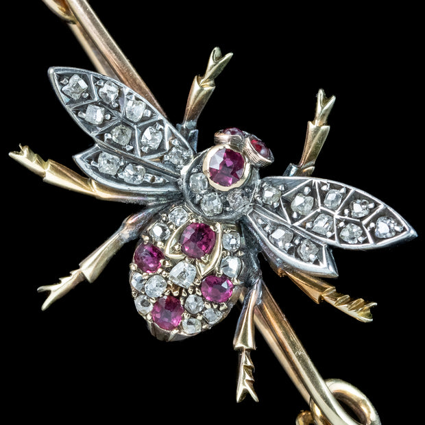 Antique Victorian Ruby Diamond Bee Bar Brooch 18ct Gold Silver